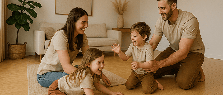 Pisos de bambú Un familia feliz encima de un piso ecológico de bambú.