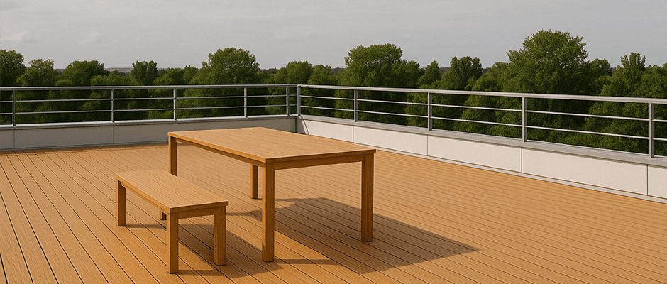 Bambú: valor funcional y estético en ambientes públicos a table and chairs on a deck