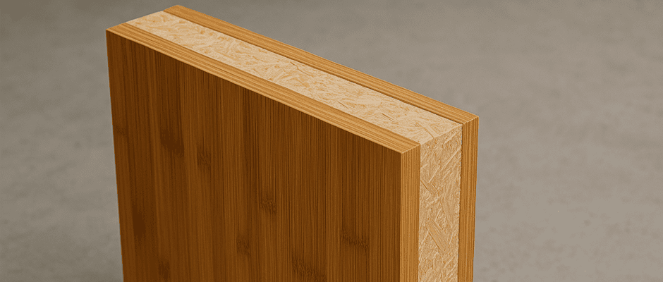 Panel sandwich moderno y estructural de bambú listo para montaje. Panel sandwich moderno y estructural de bambú listo para montaje.