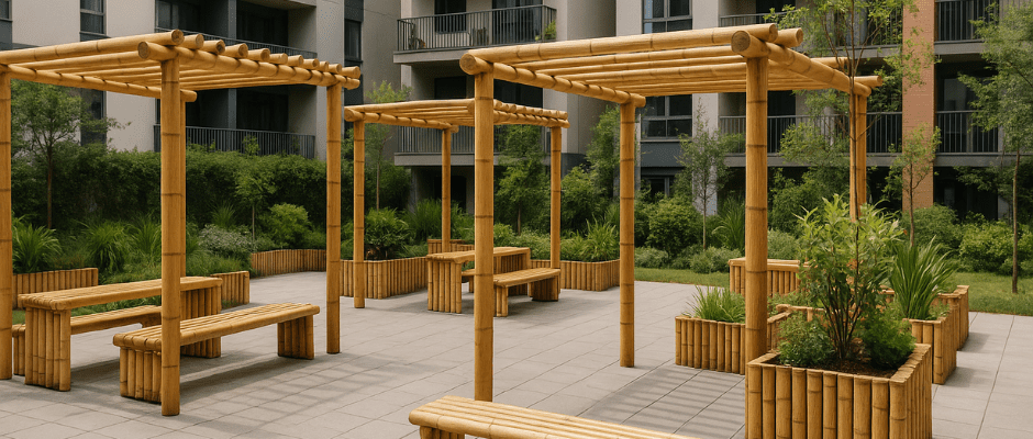 Aplicaciones en áreas comunes Diferencia de una estructura de madera con bancos y bancos en un patio.