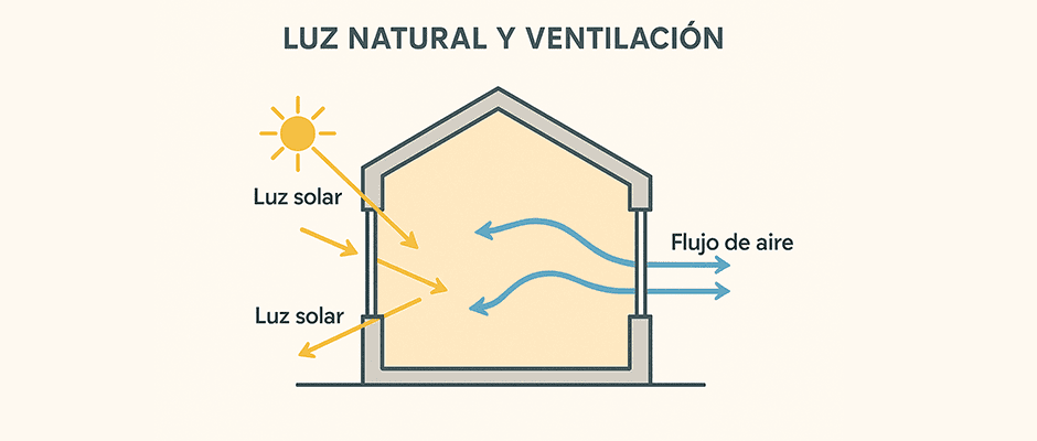 Iluminación y Climatización Pasiva Diseño de un diagrama de una casa con paneles solares y flechas