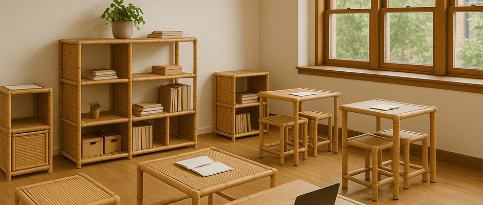Selección de Materiales y Texturas para Frescura Un Diseño de una habitación con sillas y mesas.