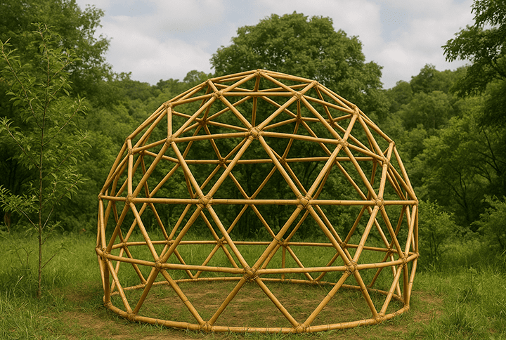 Cúpula geodésica moderna de bambú en entorno natural.