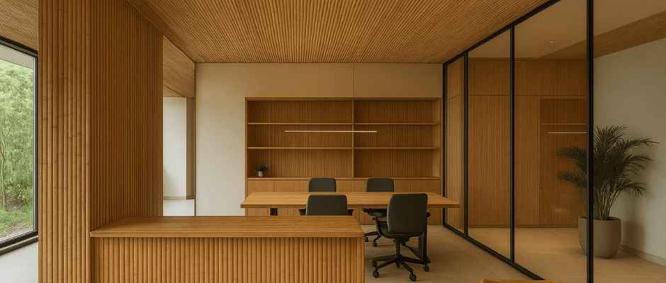 Rendimiento técnico: resistencia y ligereza Diseño de interiores y oficinas o espacios comerciales con detalles elegantes en bambú.