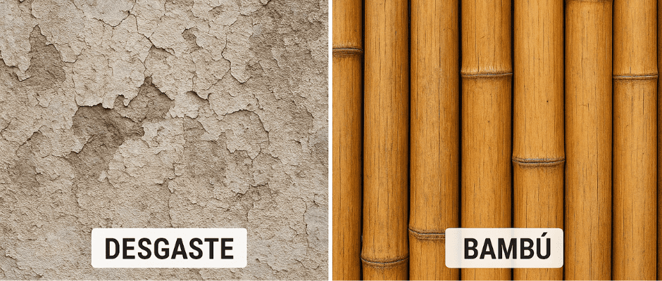 Imagen comparativa de desgaste de materiales vs bambú después de años.
